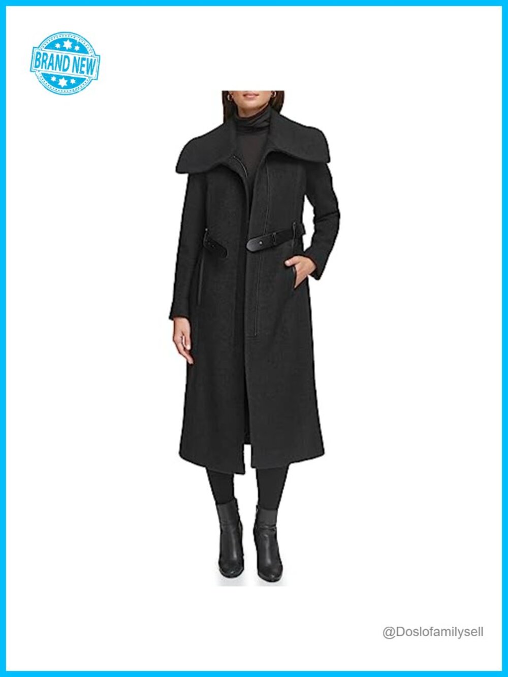 Textured Twill Wool Blend Long Belted Coat with Faux Leather Belt